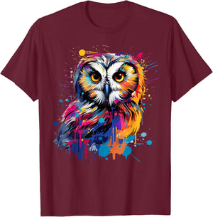 Splash Art Owls Lover Colorful Short Eared Owl T-Shirt - T-Shirt | Maroon