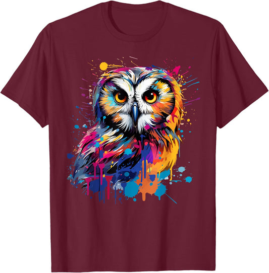Splash Art Owls Lover Colorful Short Eared Owl T-Shirt - T-Shirt | Maroon