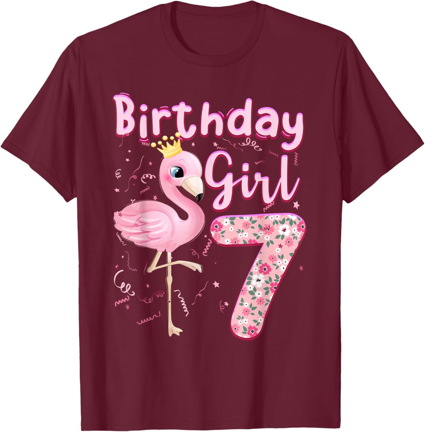 7th Birthday Girls Flamingo 7 Years Old Tropical Flamingo T-Shirt - T-Shirt | Maroon