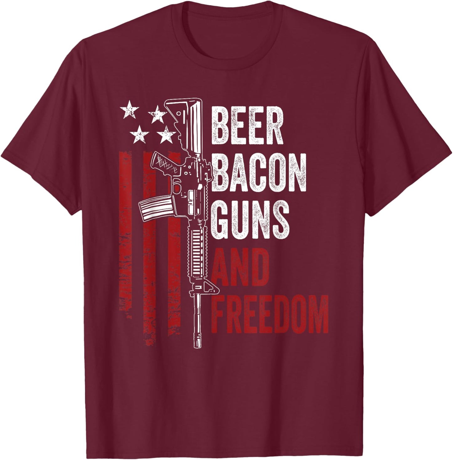 BEER BACON GUNS & FREEDOM - Funny BBQ Gun USA Flag Drinking T-Shirt - T-Shirt | Maroon