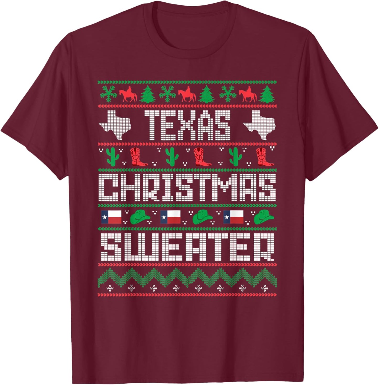 Texas Christmas Sweater Tacky Ugly Cowboy Texas Sweater T-Shirt - T-Shirt | Maroon