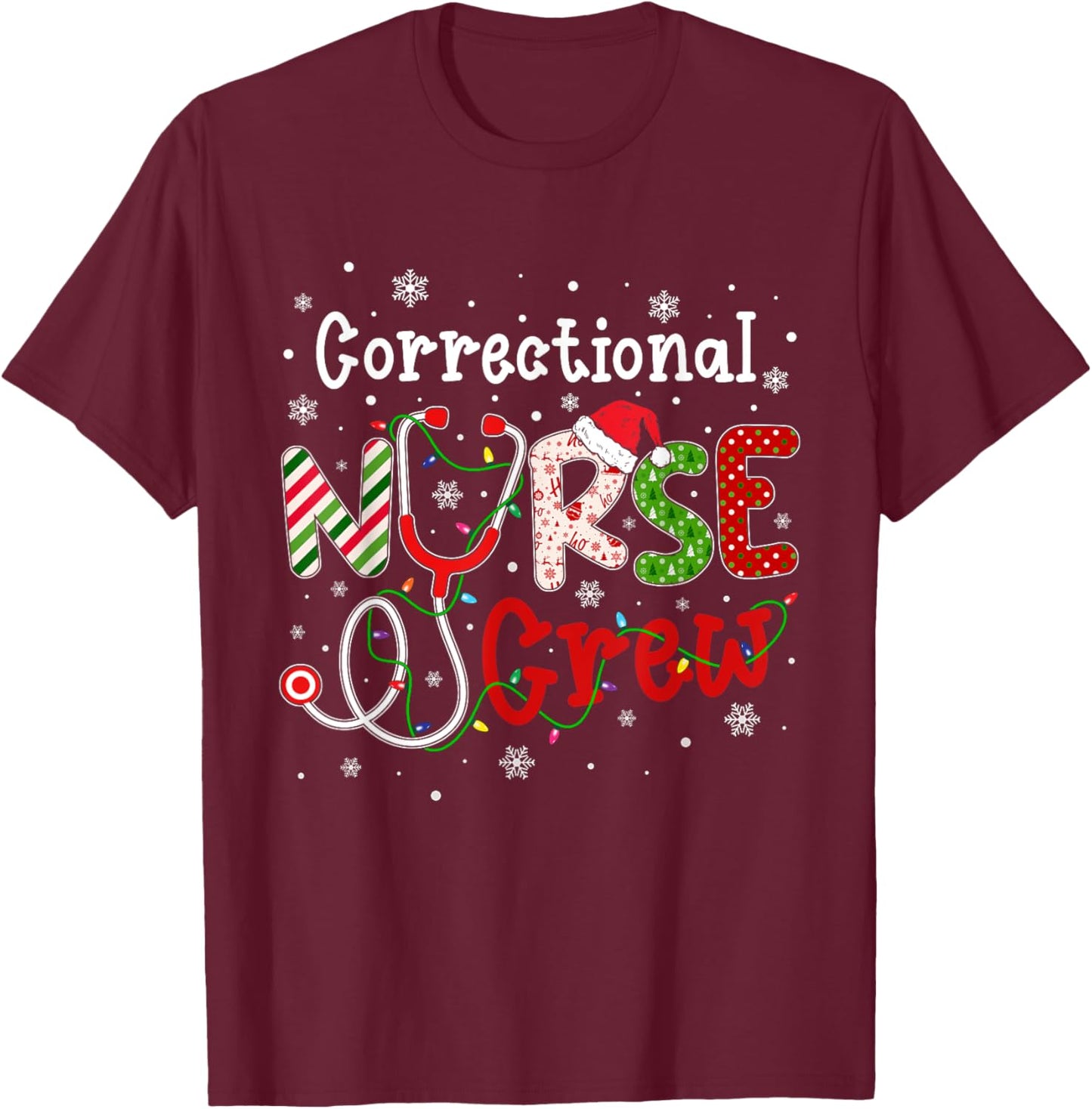 Correctional Christmas Nurse Crew Nursing Christmas Pattern T-Shirt - T-Shirt | Maroon