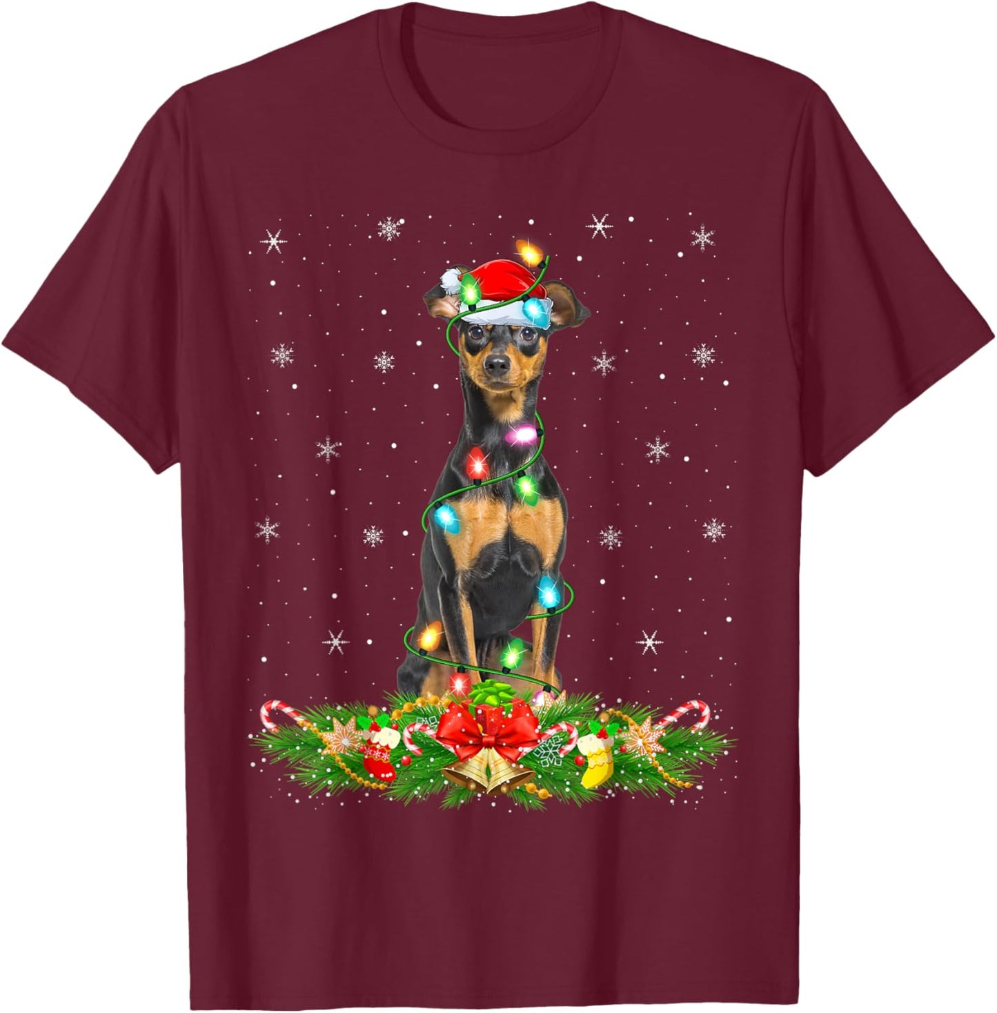 Lighting Xmas Santa Miniature Pinscher Dog Christmas T-Shirt - T-Shirt | Maroon