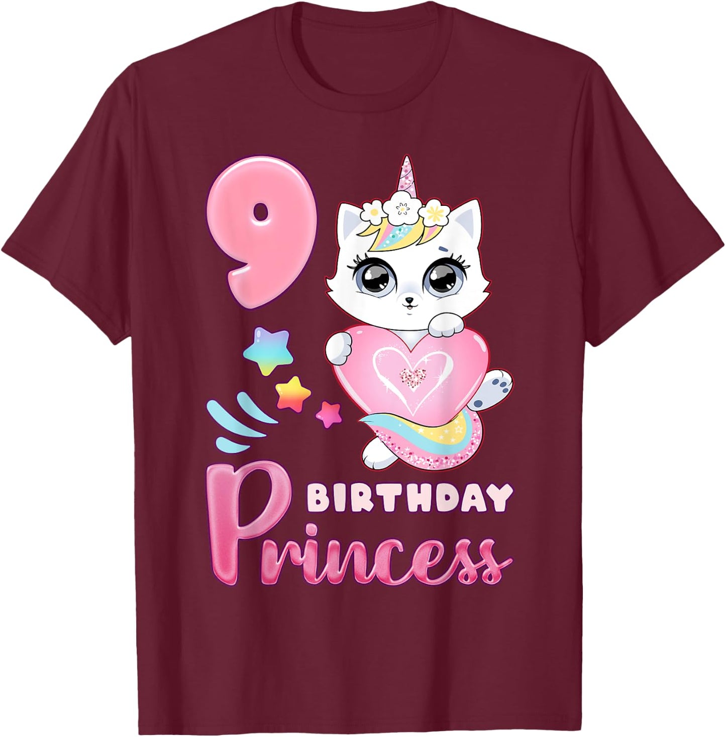 Girl, 9th birthday, unicorn cat, number 9 T-Shirt - T-Shirt | Maroon