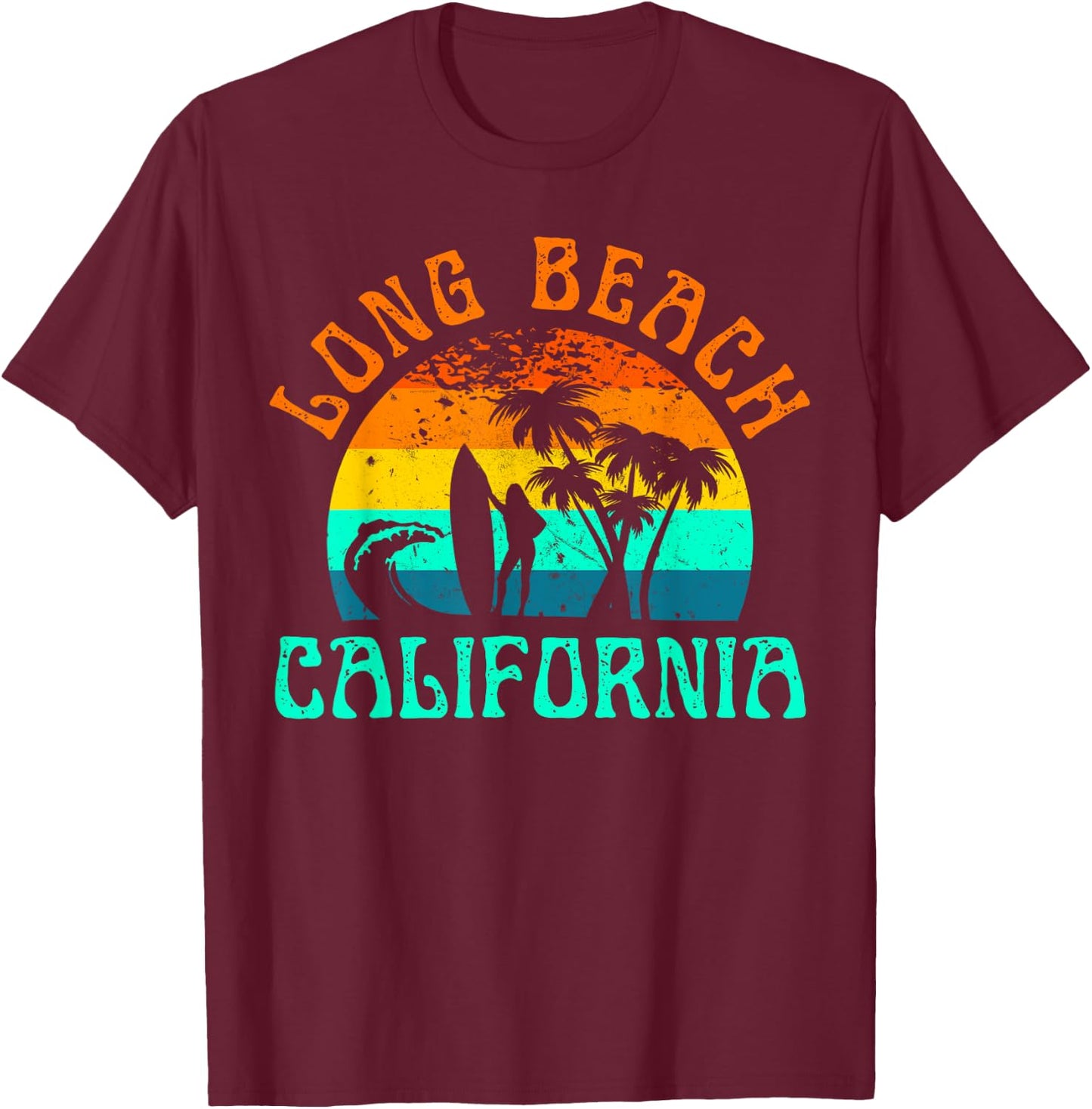 Long Beach California Surf Summer Vacation Girl Vintage T-Shirt - T-Shirt | Maroon