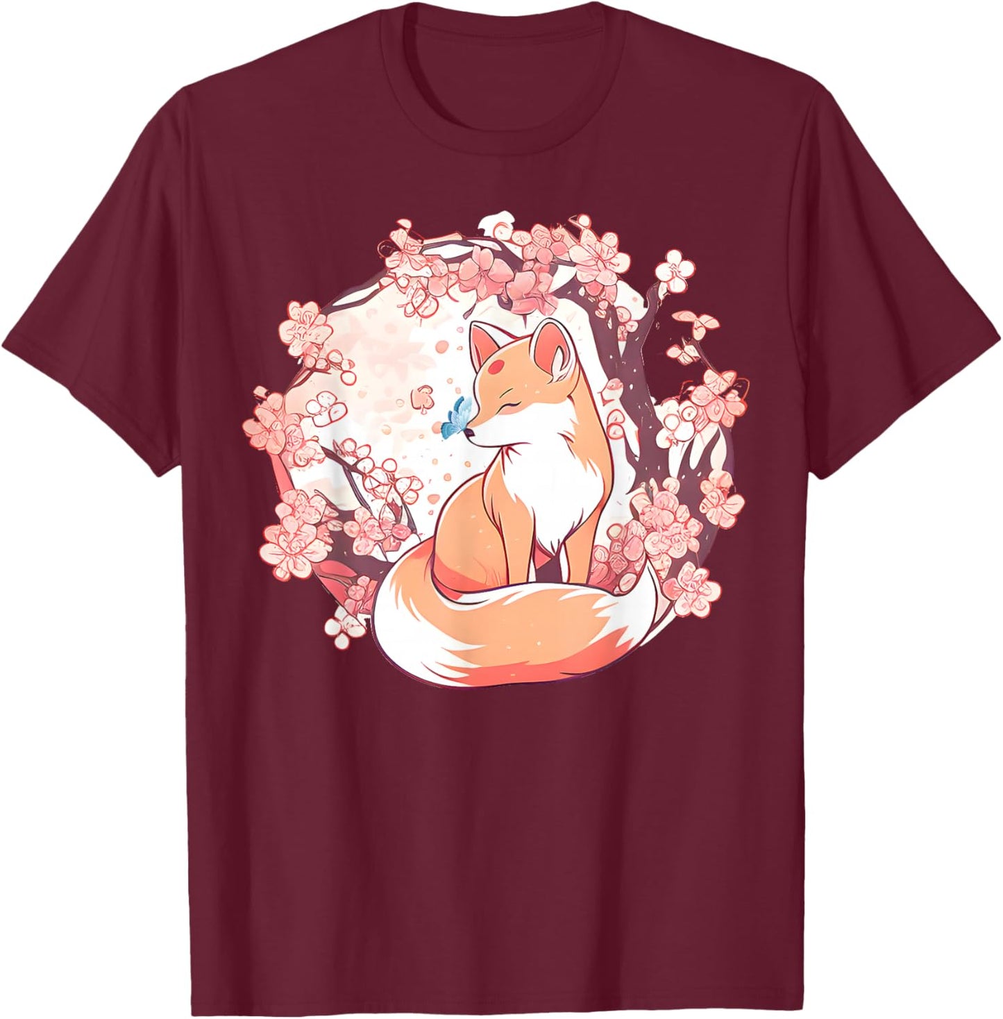 Fox Japanese Cherry Blossom Flower Butterfly Vintage T-Shirt - T-Shirt | Maroon