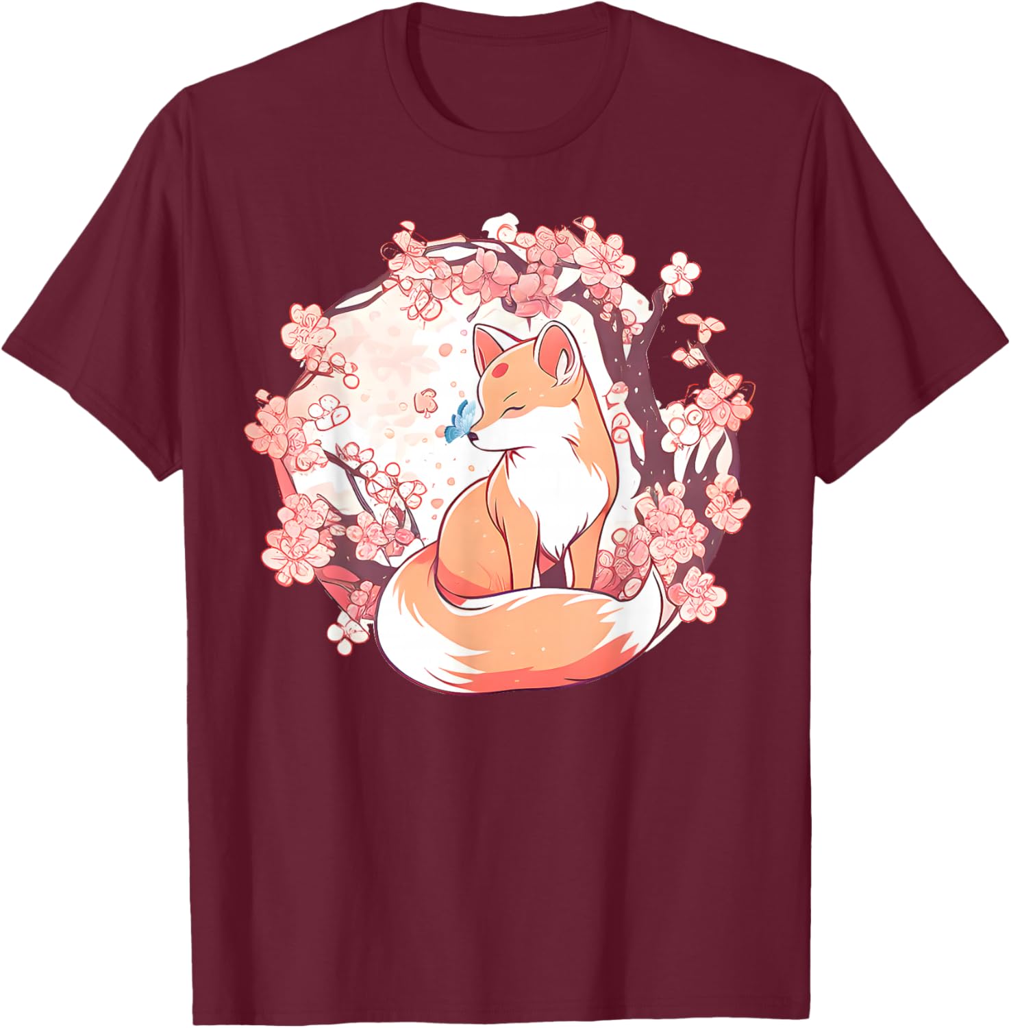 Fox Japanese Cherry Blossom Flower Butterfly Vintage T-Shirt - T-Shirt | Maroon
