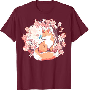 Fox Japanese Cherry Blossom Flower Butterfly Vintage T-Shirt - T-Shirt | Maroon