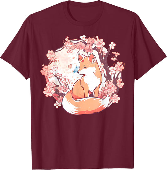 Fox Japanese Cherry Blossom Flower Butterfly Vintage T-Shirt - T-Shirt | Maroon