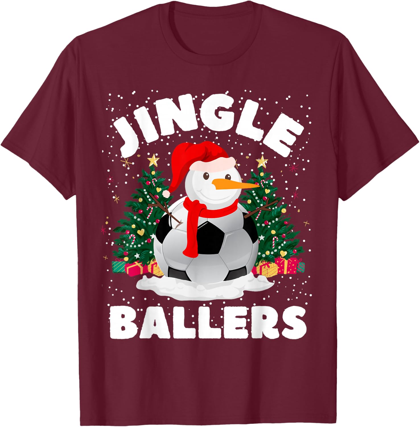 Jingle Ballers Funny Soccer ball Snowman Christmas Football T-Shirt - T-Shirt | Maroon