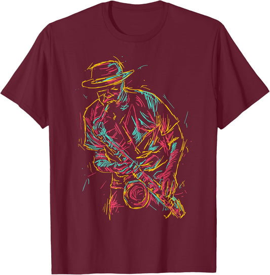Saxophone player abstract art T-Shirt - T-Shirt | Maroon