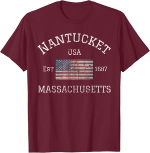 Nantucket Massachusetts American Flag USA Travel Vintage T-Shirt - T-Shirt | Maroon
