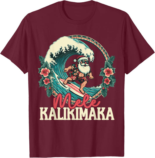 Mele Kalikimaka Santa Surfing Christmas Hawaiian Shaka Wave T-Shirt - T-Shirt | Maroon