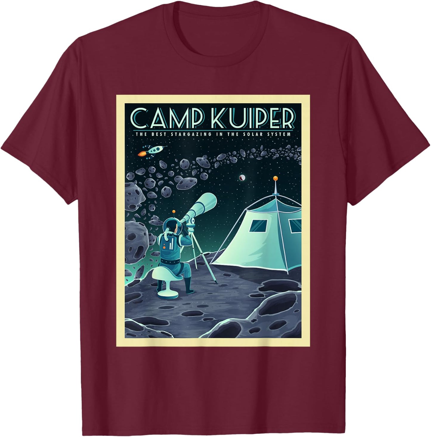 Retro Space Tourism Camp Kuiper Belt Camping Stargazing T-Shirt - T-Shirt | Maroon