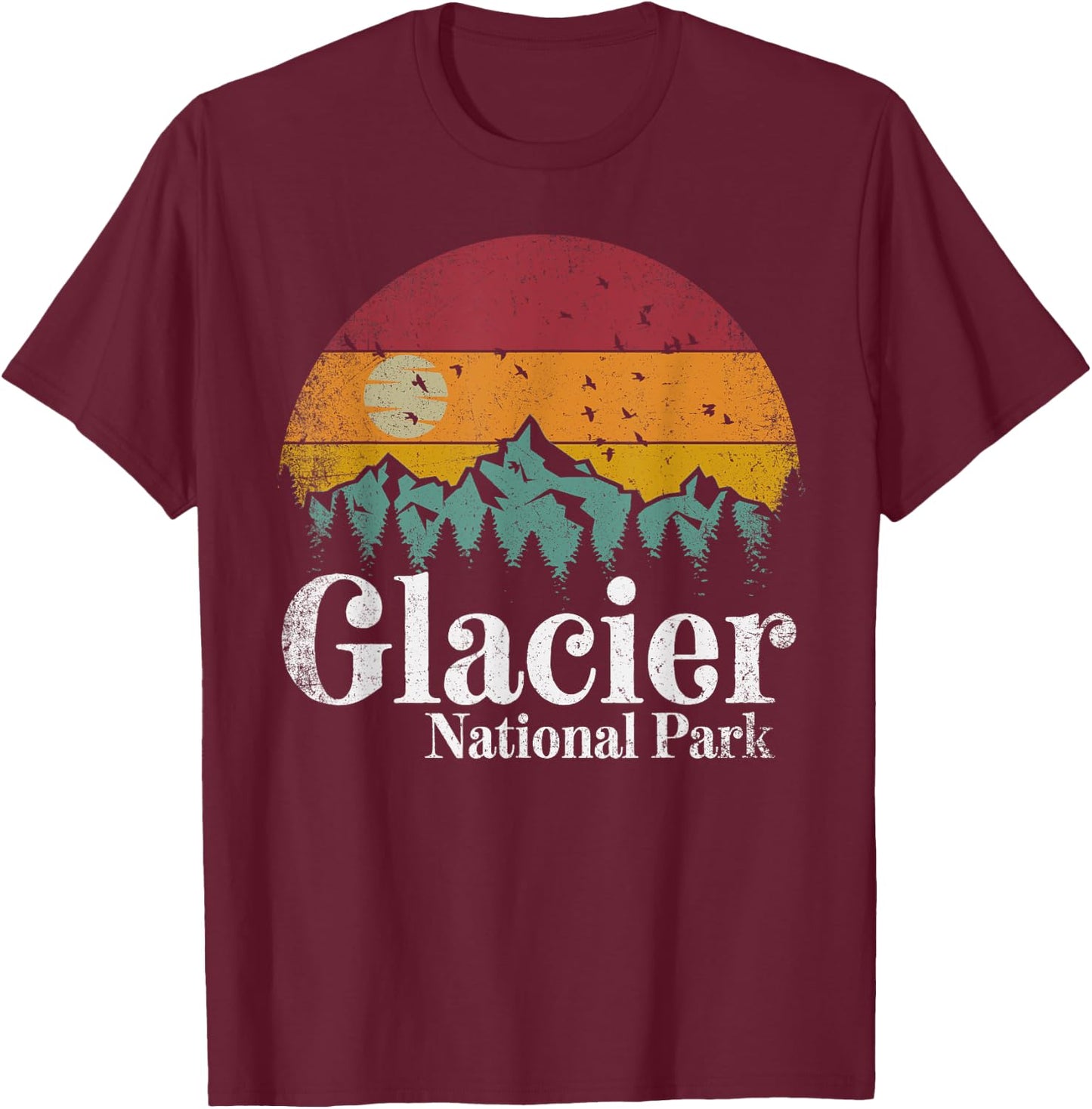 Glacier National Park Mountains Retro Hiking Camping Gift T-Shirt - T-Shirt | Maroon