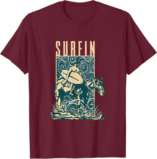 Surfin | Cowboy Cowboy With Surfboard | Surfing Surfer T-Shirt - T-Shirt | Maroon