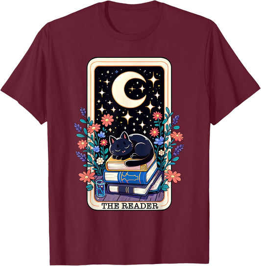 The Reader Tarot Card Cute Cat On Books Stack Book Lover Men Women T-Shirt - T-Shirt | Maroon