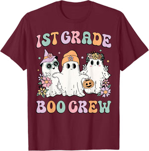 1st Grade Boo Crew Groovy Halloween Floral Ghost Kid Teacher T-Shirt - T-Shirt | Maroon