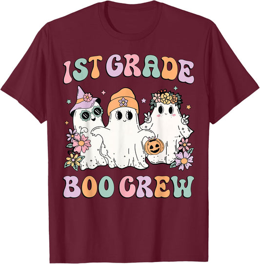 1st Grade Boo Crew Groovy Halloween Floral Ghost Kid Teacher T-Shirt - T-Shirt | Maroon