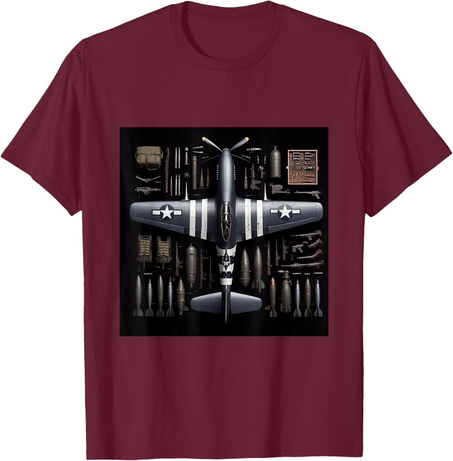 WW2 Warplane P51 Mustang Assembly Parts Blueprint T-Shirt - T-Shirt | Maroon