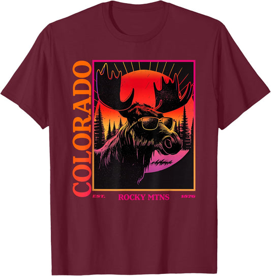 Colorado Mountain Moose Retro Vintage 80s Elk Colorado T-Shirt - T-Shirt | Maroon