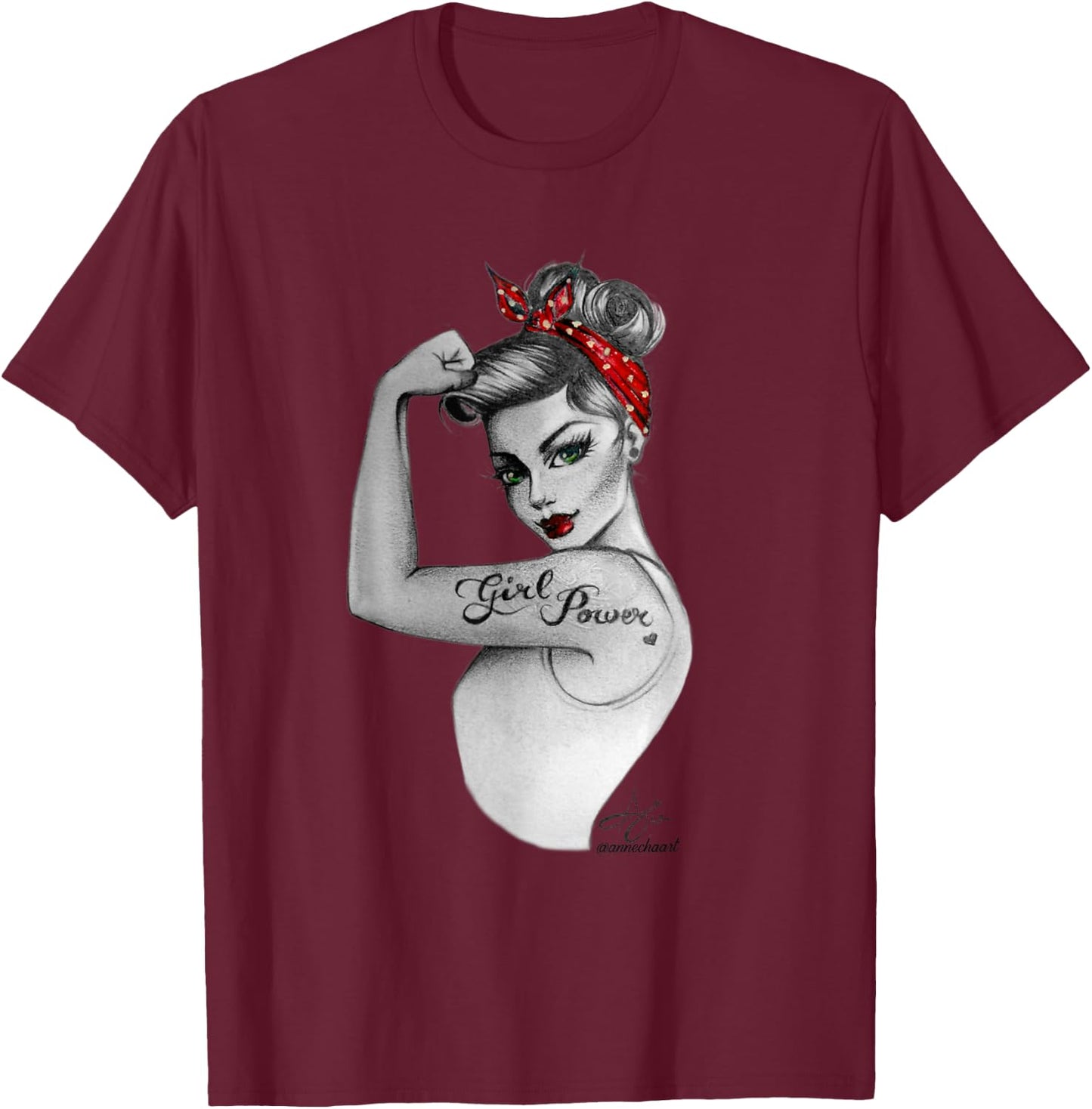 Girl Power Pin Up Retro Rosie the Riveter Style Art Women T-Shirt - T-Shirt | Maroon