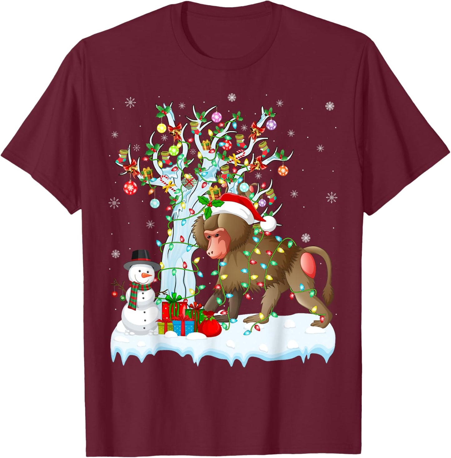 Xmas Element Tree Lighting Santa Baboon Christmas T-Shirt - T-Shirt | Maroon