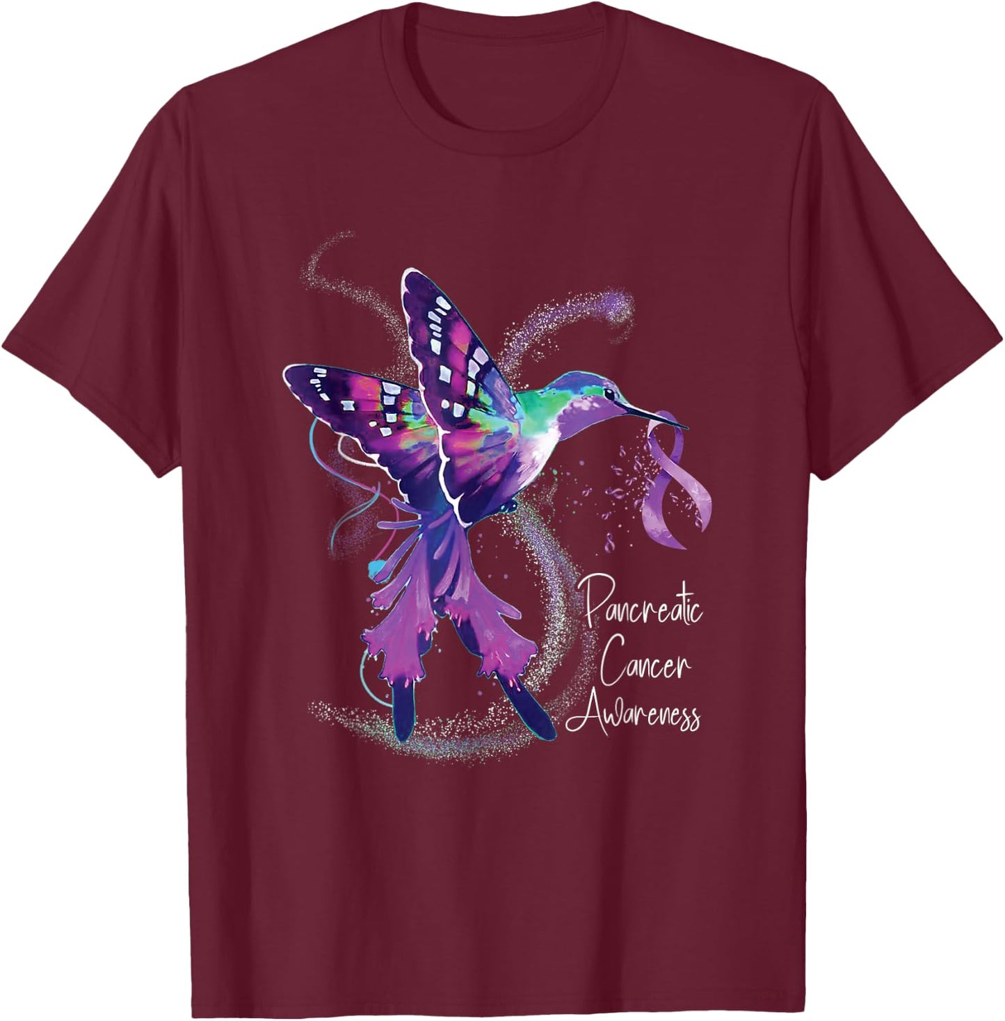 Pancreatic Cancer Awareness Hummingbird Purple Ribbon T-Shirt - T-Shirt | Maroon