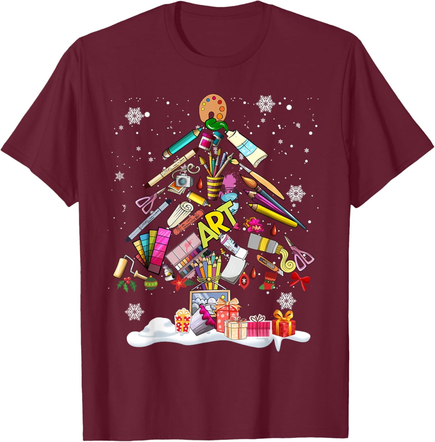 Paintbrush Christmas Tree Decor Xmas for Artist Art Teacher Women T-Shirt - T-Shirt | Maroon