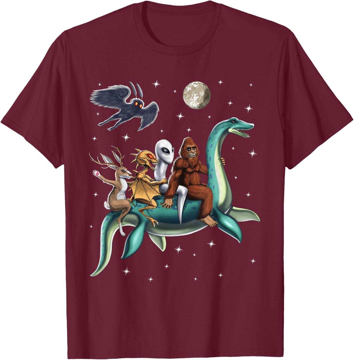 Cryptid Bigfoot Jackalope Mothman Loch Ness Monster T-Shirt - T-Shirt | Maroon