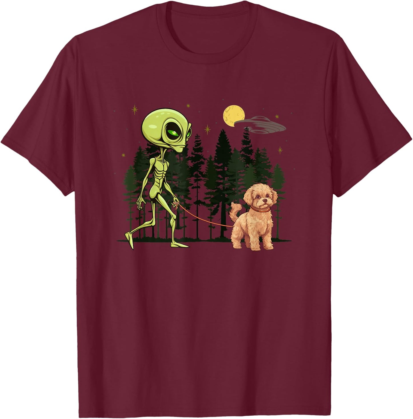 Funny Maltipoo Alien Walking UFO Pet Dog Mom Dad Women Kids T-Shirt - T-Shirt | Maroon