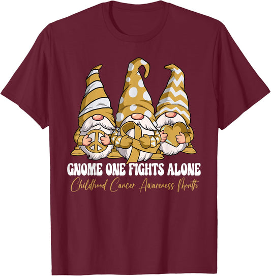 Gnome One Fights Alone Childhood Cancer Awareness Month T-Shirt - T-Shirt | Maroon
