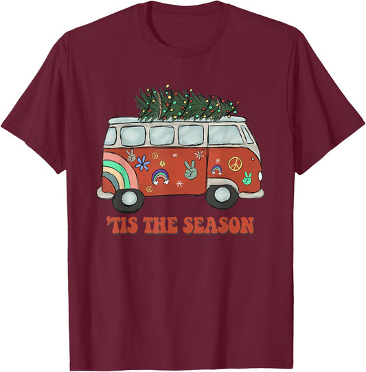 Tis the Season Hippie Christmas Retro Vintage Peace Camping T-Shirt - T-Shirt | Maroon