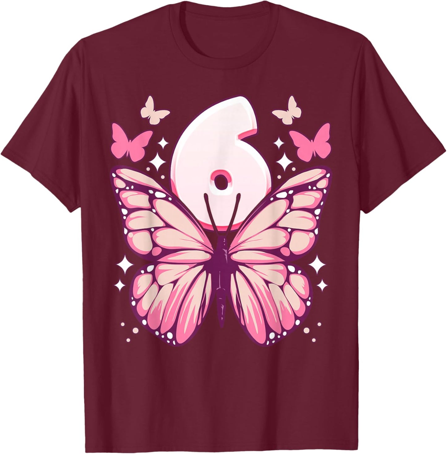 Birthday Girl 6 Years, Butterflies and Number 6 T-Shirt - T-Shirt | Maroon