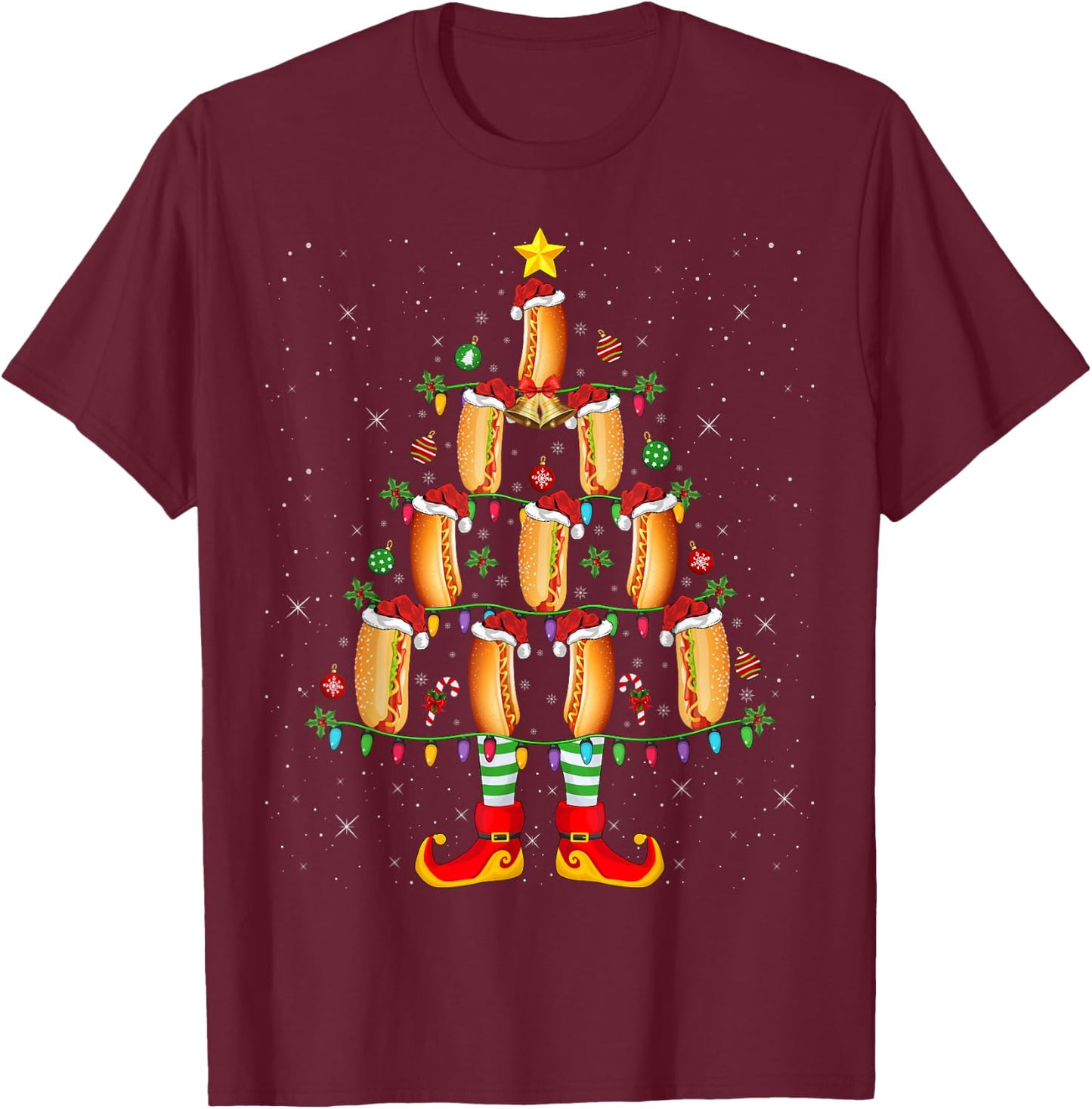 Hot Dog Lover Xmas Holiday Lighting Hot Dog Christmas Tree Women Kids T-Shirt - T-Shirt | Maroon