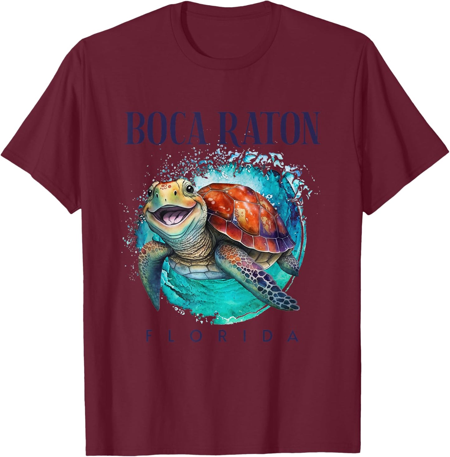 Boca Raton Florida Watercolor Happy Sea Turtle T-Shirt - T-Shirt | Maroon