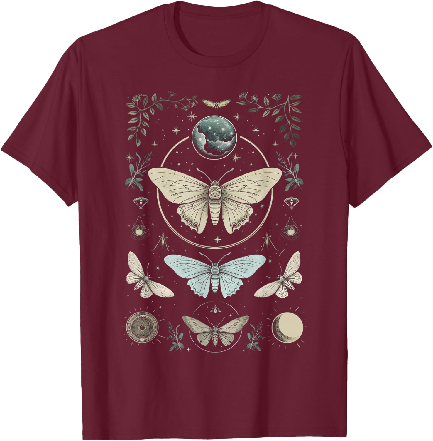 Forest Witch Moth And Moons Folkloric Wiccan Nature Goth T-Shirt - T-Shirt | Maroon