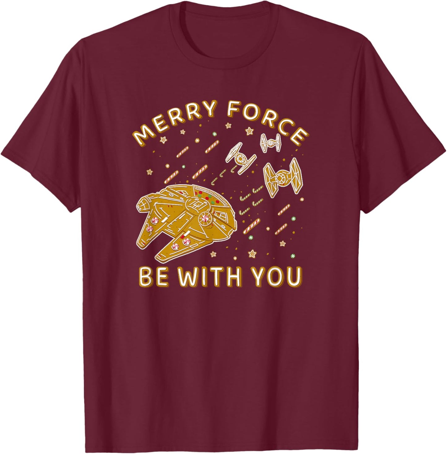 Star Wars Christmas Merry Force Be With You Gingerbread Ship T-Shirt - T-Shirt | Maroon