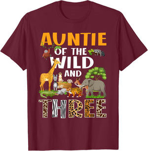 Auntie Of The Wild Three Zoo Birthday Safari Jungle T-Shirt - T-Shirt | Maroon