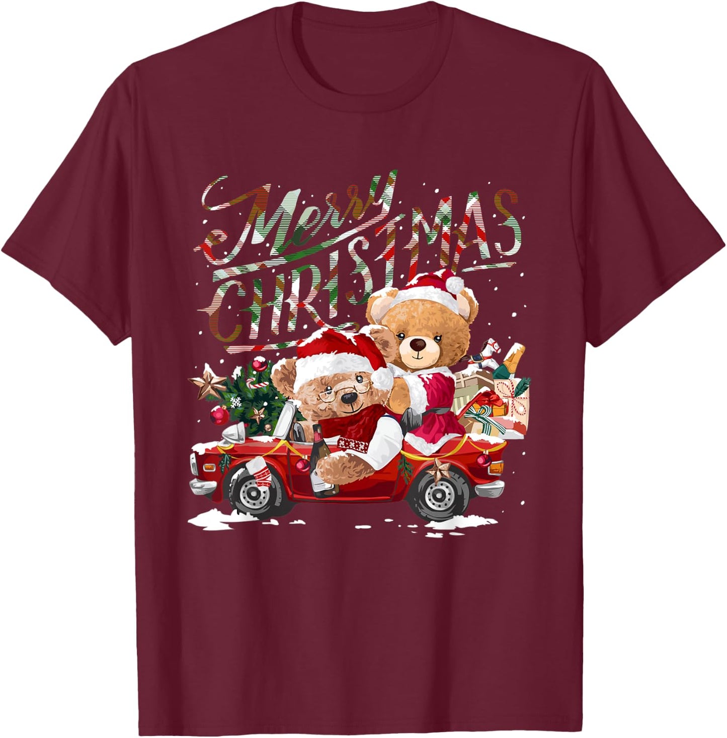 Teddy bears and Christmas tree in red car T-Shirt - T-Shirt | Maroon