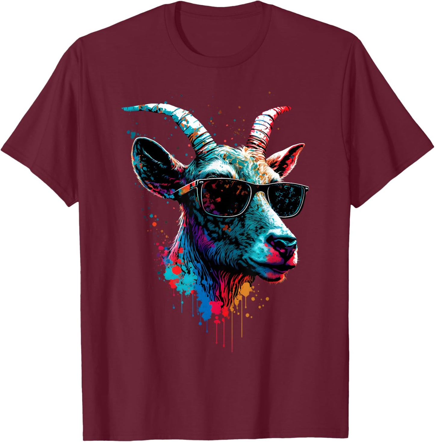Goat In Sunglasses Abstract Print Rainbow Music Goat T-Shirt - T-Shirt | Maroon