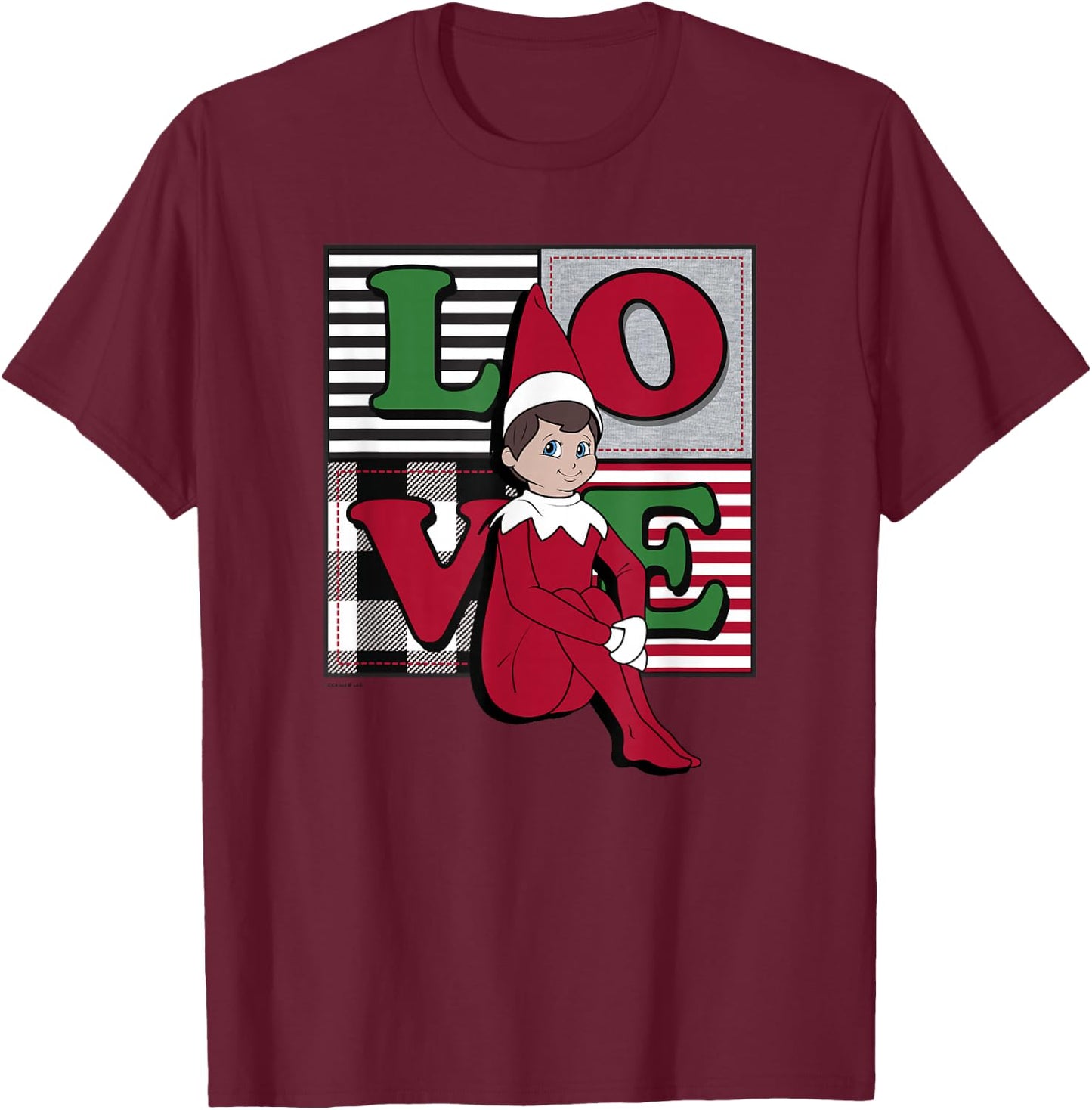 Elf on The Shelf Christmas Love Stacked Plaid Squares Logo T-Shirt - T-Shirt | Maroon