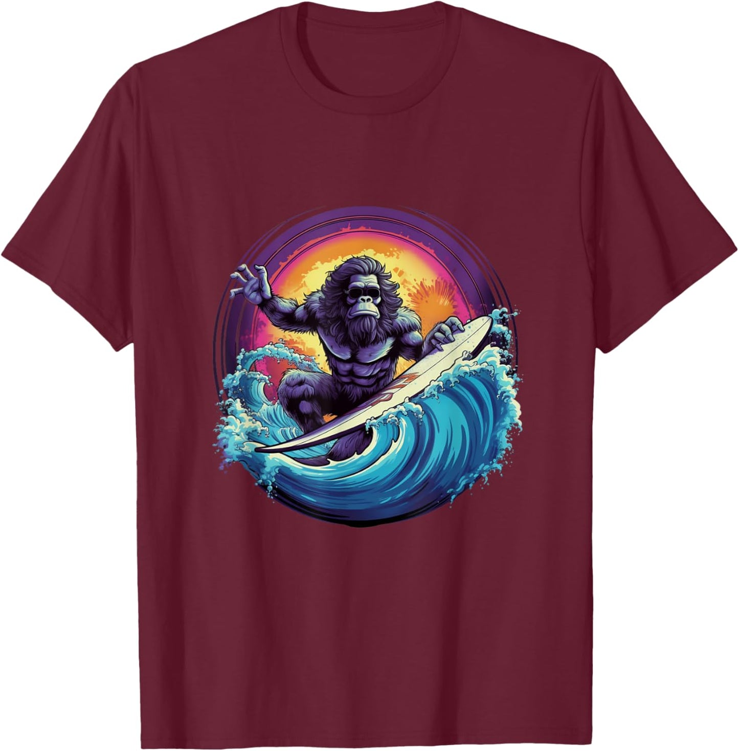 Gorilla Surfing A Wave - Surfing Gorilla- Surf T-Shirt - T-Shirt | Maroon