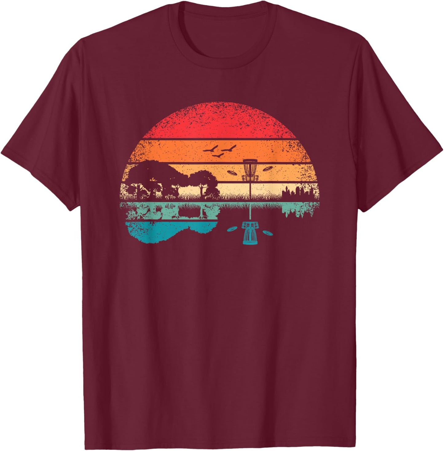 Funny Disc Golf Basket Frisbee Tree Retro Guitar Men Women T-Shirt - T-Shirt | Maroon