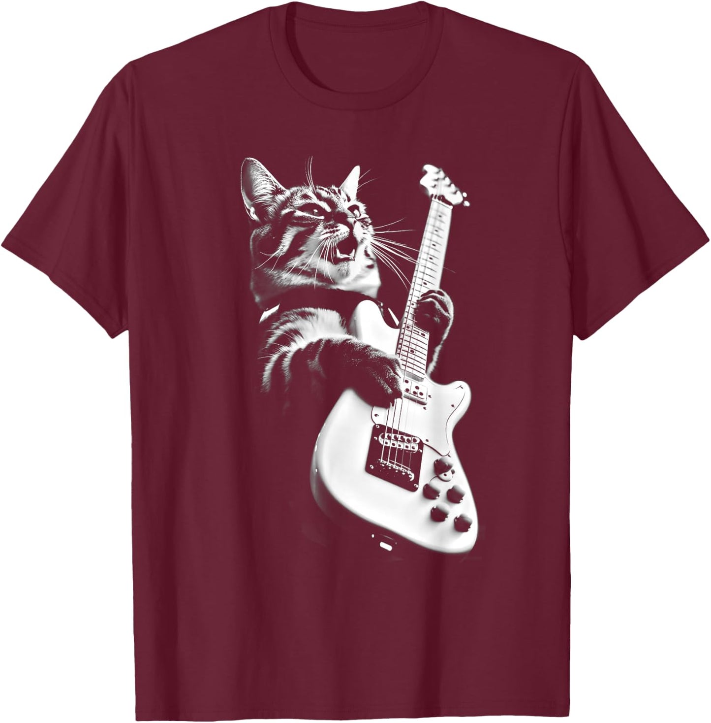Rock Cat Playing Guitar - Funny Guitar Cat Small T-Shirt - T-Shirt | Maroon