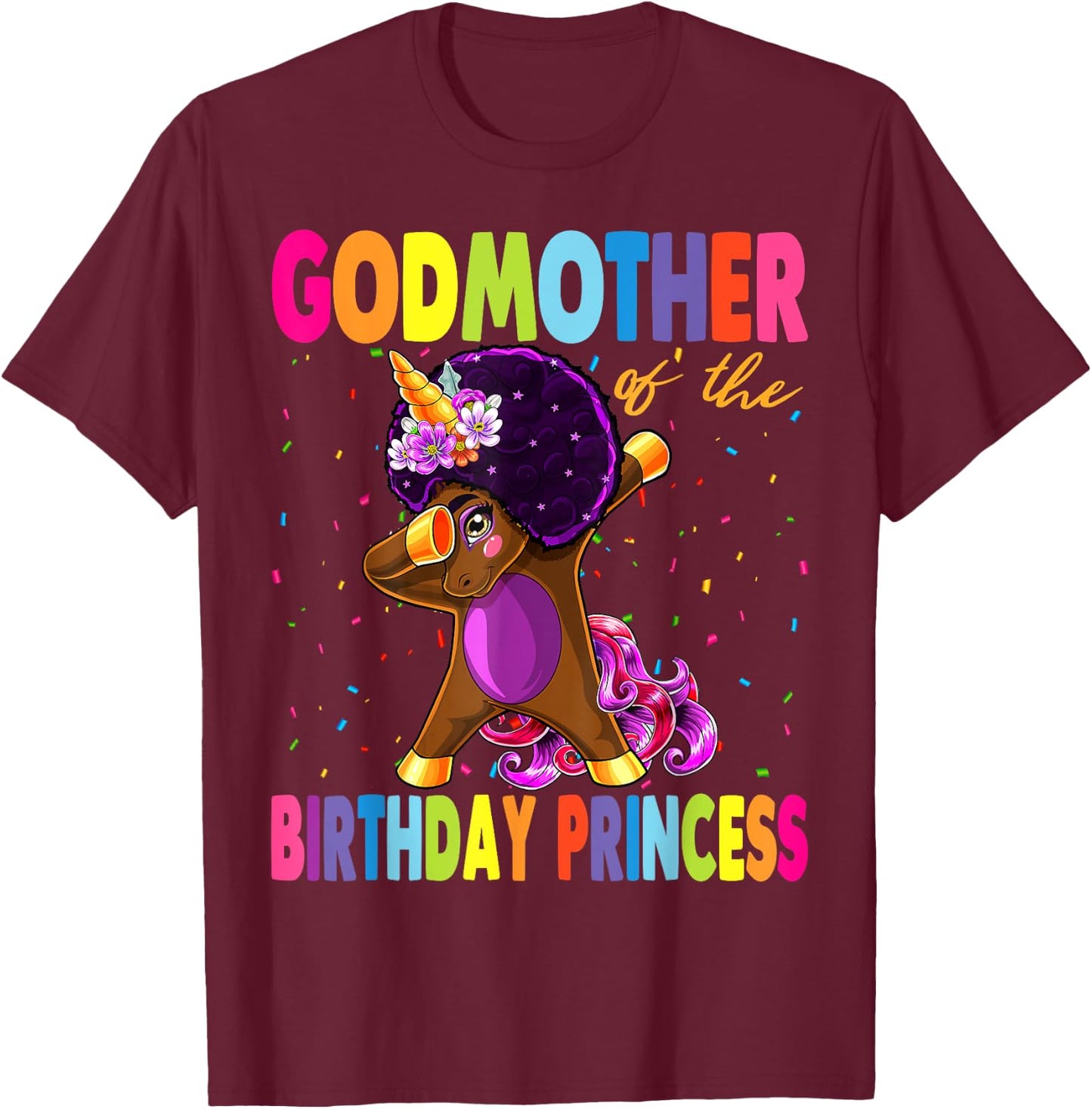 Dabbing Unicorn Afro GodMother of the Birthday Princess T-Shirt - T-Shirt | Maroon