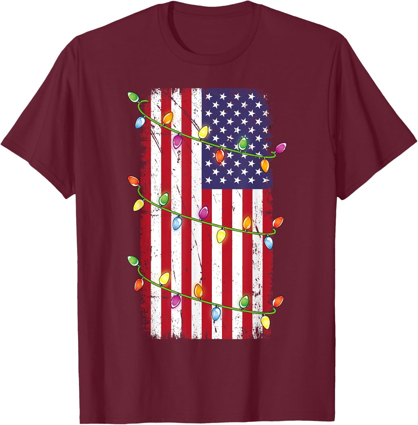 Christmas Lights USA Flag Shirt Patriotic Veteran Christmas T-Shirt - T-Shirt | Maroon