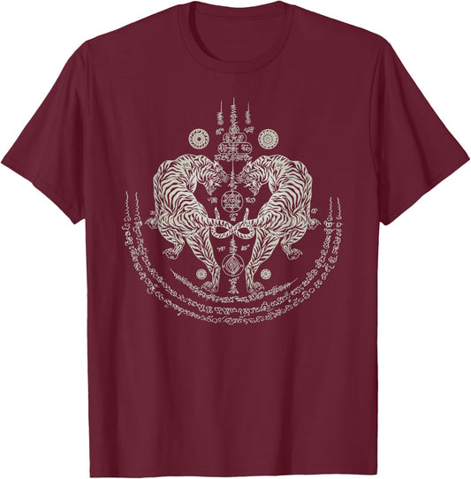 Thai Tattoo Twin Tiger Sak Yant Muay Thai Thailand Graphic T-Shirt - T-Shirt | Maroon