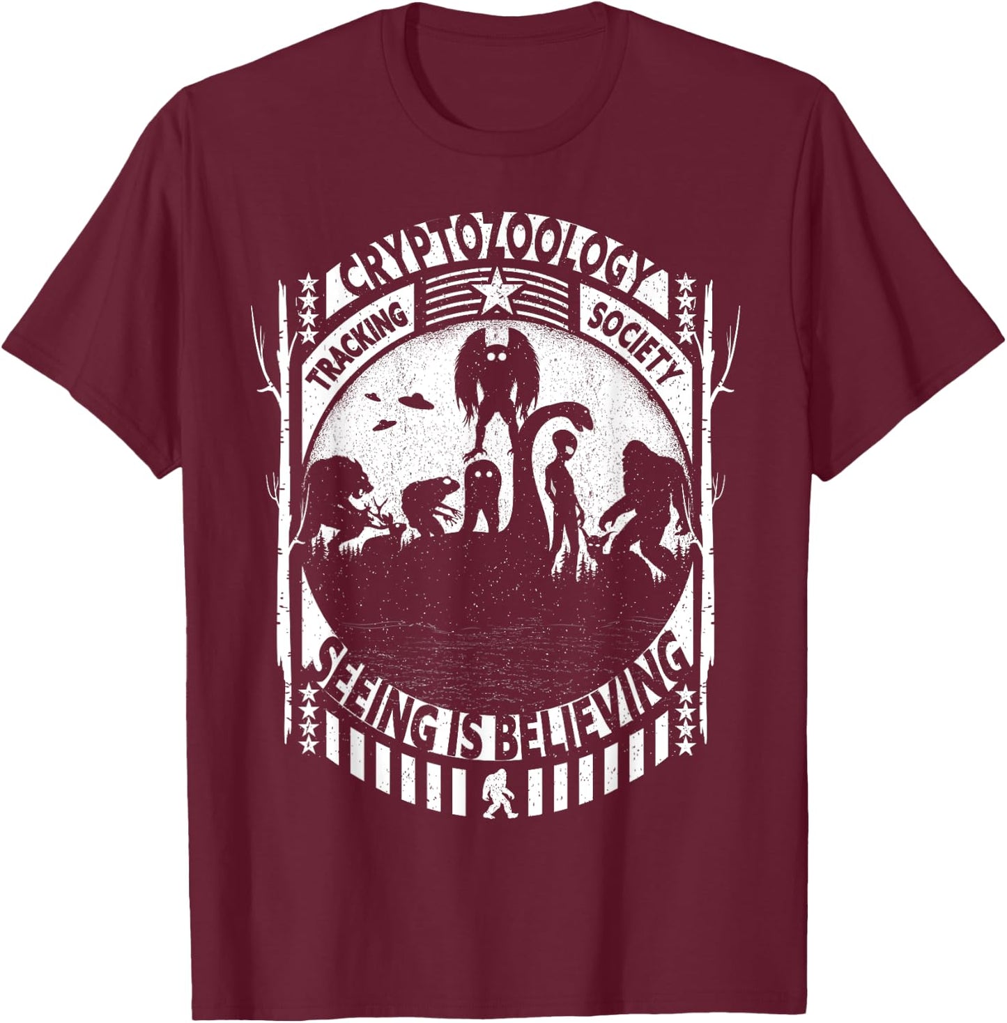 Cryptozoology Team Bigfoot Nessie Mothman And Aliens Cryptid T-Shirt - T-Shirt | Maroon