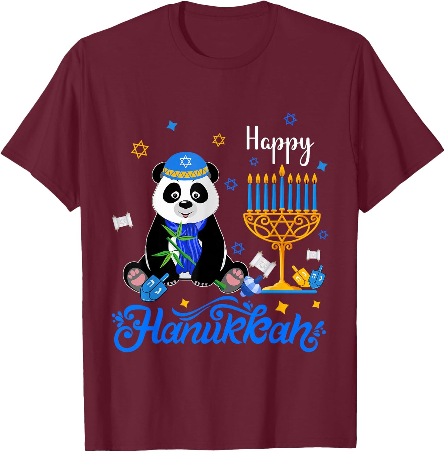 Happy Hanukkah Panda Wearing Jewish Hat Menorah Dreidel T-Shirt - T-Shirt | Maroon